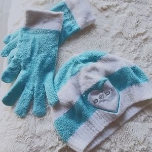 BEBE hat + gloves set blue lago white rhinestone
